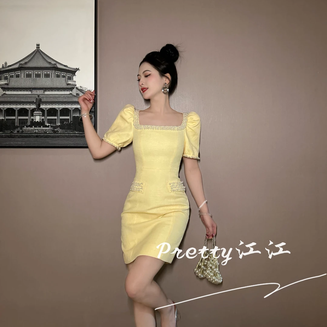 Pretty小众设计师品牌江江定制 法式方领优雅轻奢连衣裙11534
