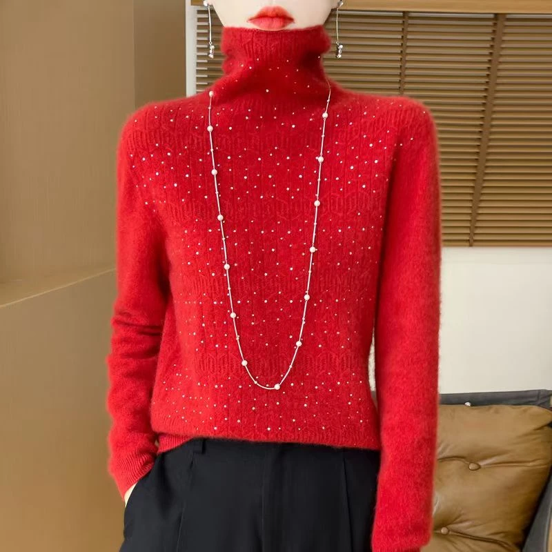 高端本命年新年红100%纯羊毛衫女堆堆领毛衣镶钻镂空针织衫打底衫