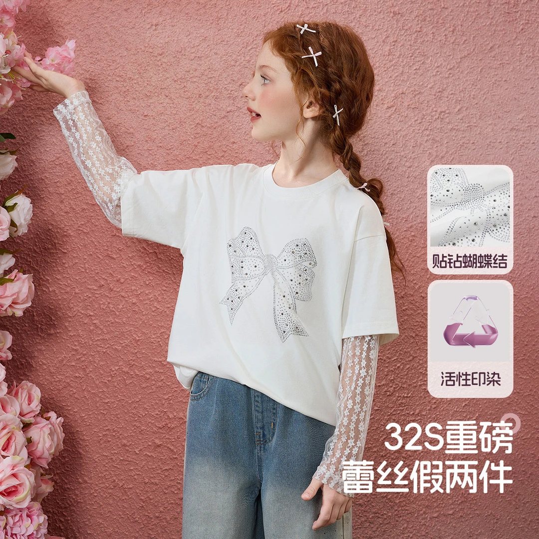 「欧若风」【蕾丝袖假两件】女童T恤蕾丝拼接闪钻蝴蝶JF1STR13672F sp