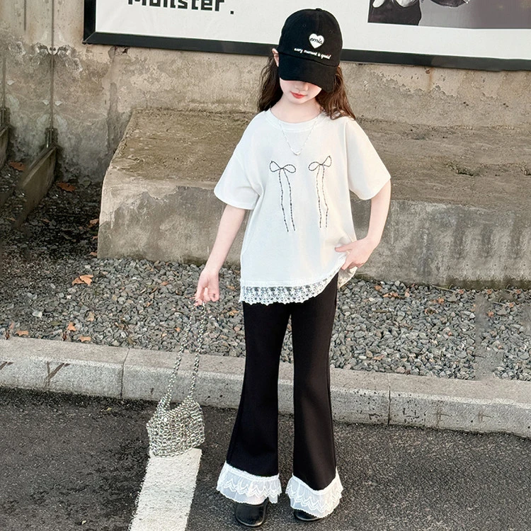 女童夏季喇叭裤套装短袖休闲夏季洋气花边显瘦宽松花边学生中大童