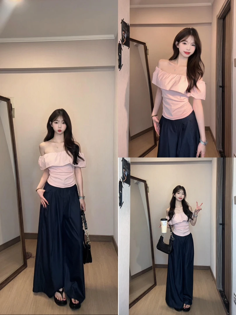 韩系粉色少女感一字肩露锁骨短袖t恤女夏季小个子温柔风时尚上衣