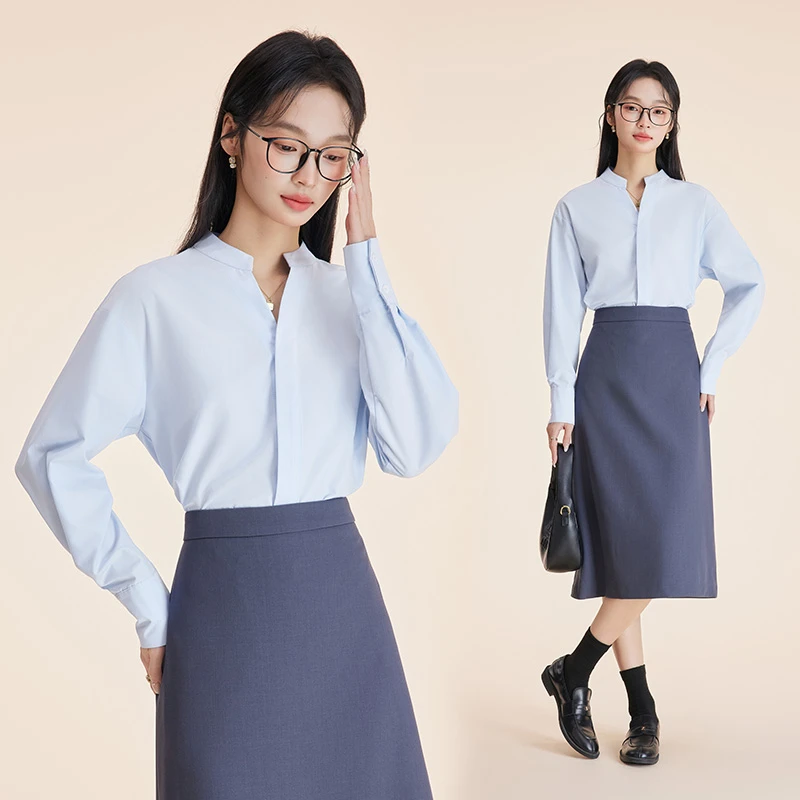 春季新款大学生面试正装蓝色长袖衬衫女士立领上衣搭配半身裙3000