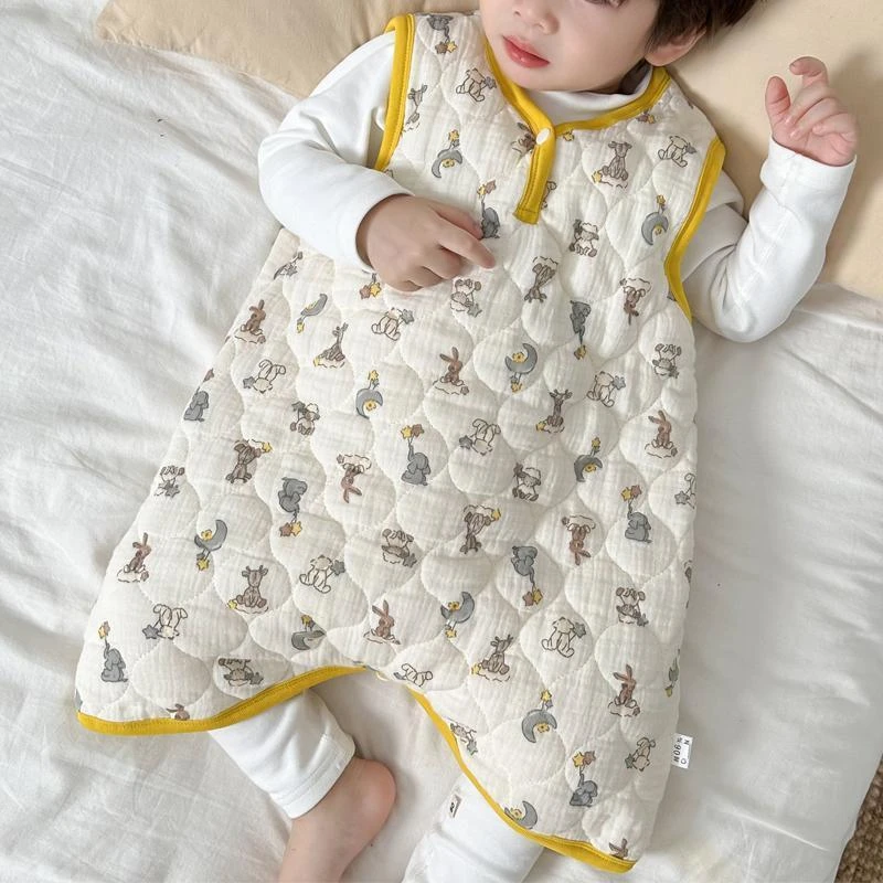 宝宝纱布夹棉睡袋防踢被护肚儿童马甲男女童无袖连体睡衣保暖背心