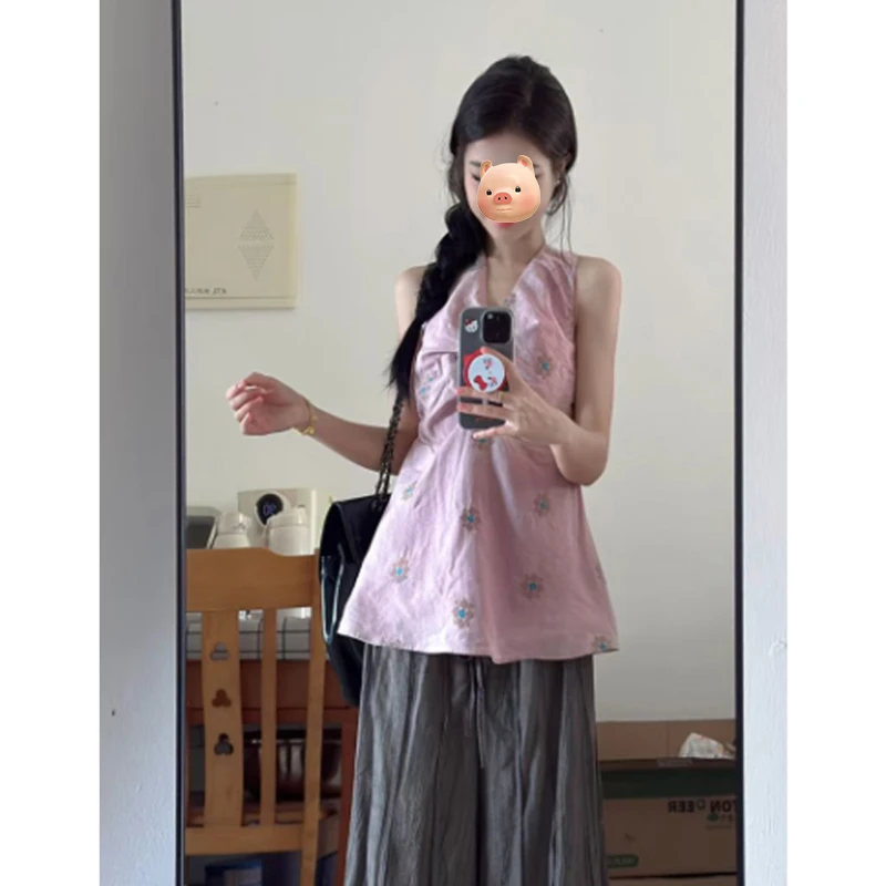 紫色V领扭结挂脖碎花吊带背心女夏季外穿设计感小众收腰无袖上衣