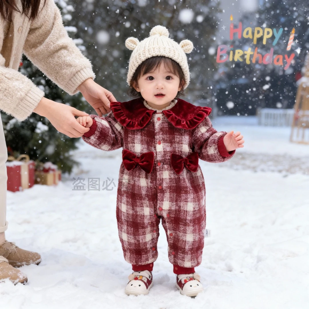 J新款女宝宝加绒加厚甜美小香风娃娃领满月周岁年服外出哈衣D125