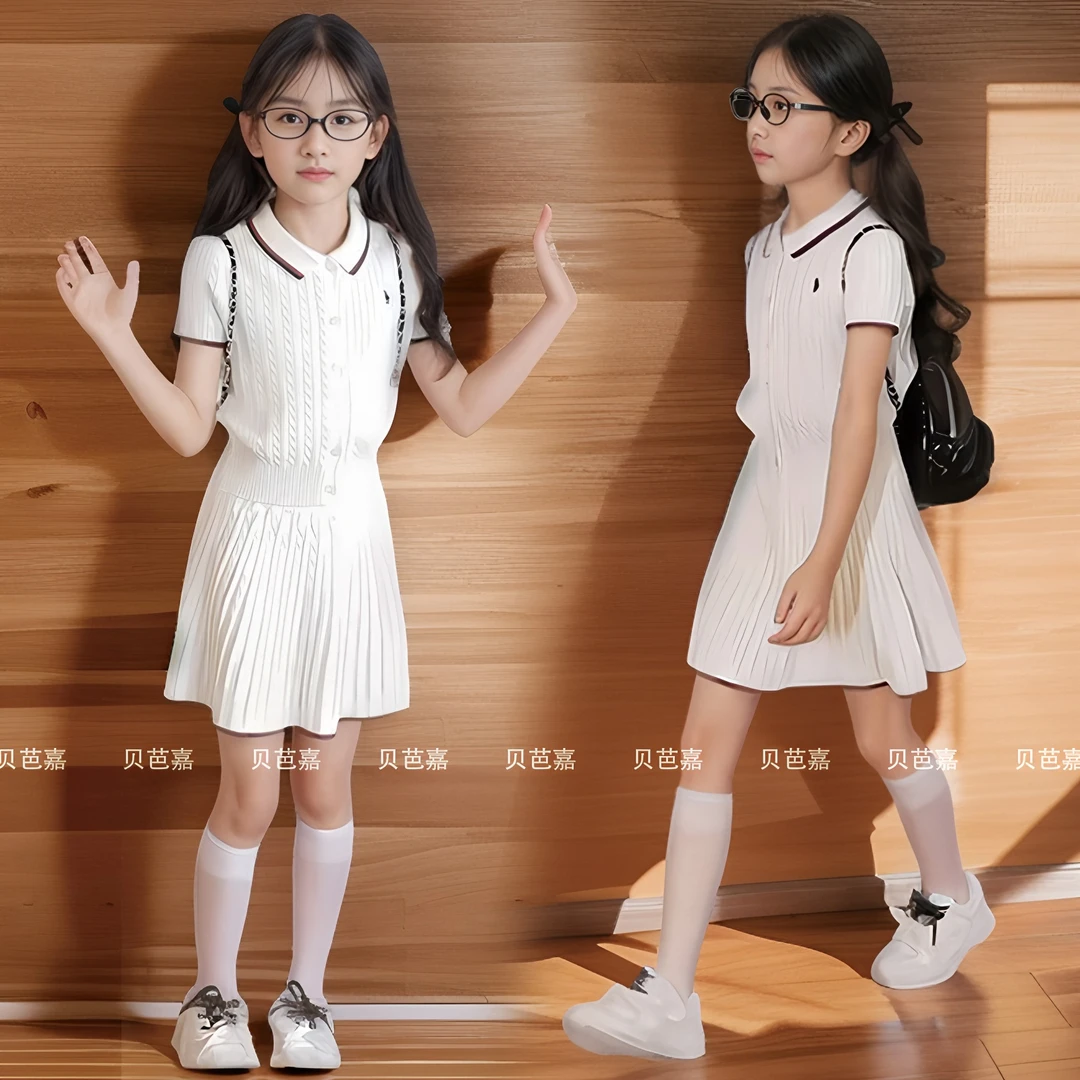 学院风女童夏装套装2025新款夏季小孩衣服POLO短袖短裙针织两件套