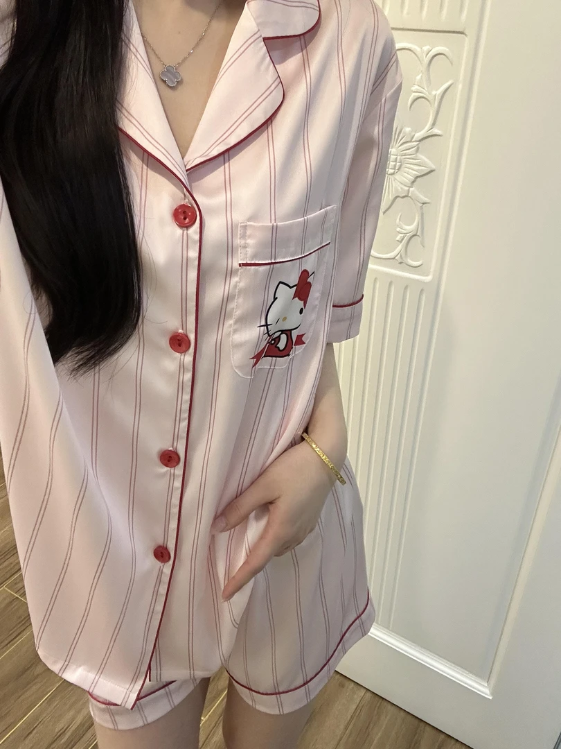 【粉条纹kitty】短袖冰丝睡衣女士夏季宽松甜美卡通少女家居服套装