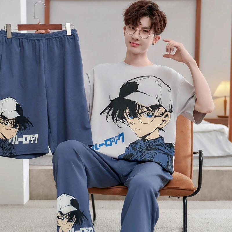 睡衣男款新款纯棉短袖三件套装爆款大码卡通柯南青少年休闲家居服