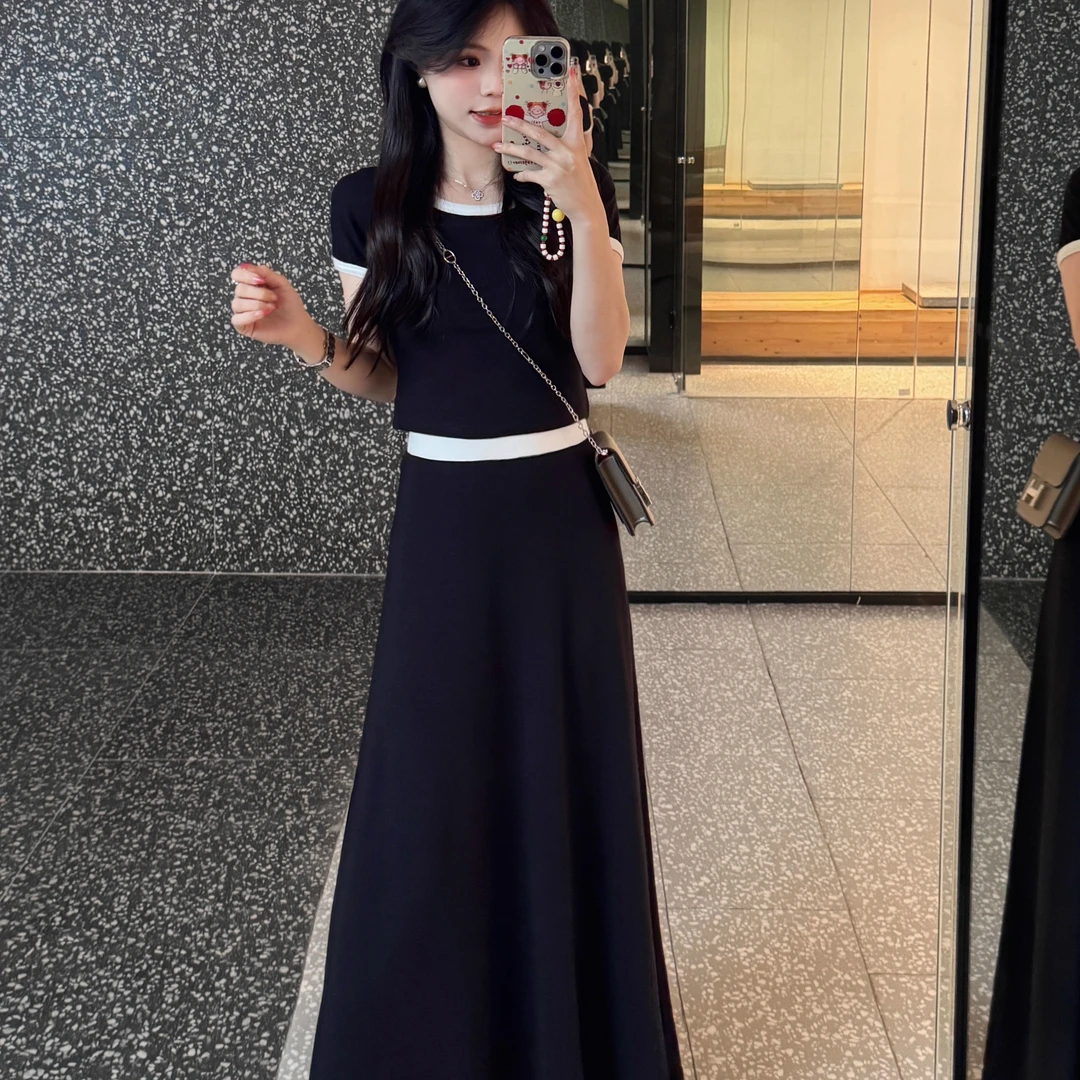 韩系穿搭一整套女装夏季2025新款撞色拼接短袖T恤半身裙长款a字裙
