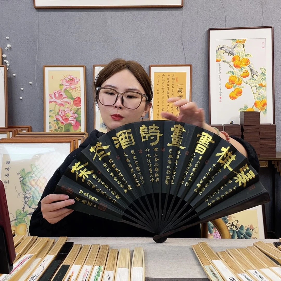 国画10寸黑檀-纯手绘-文玩扇骨（默认粘好）