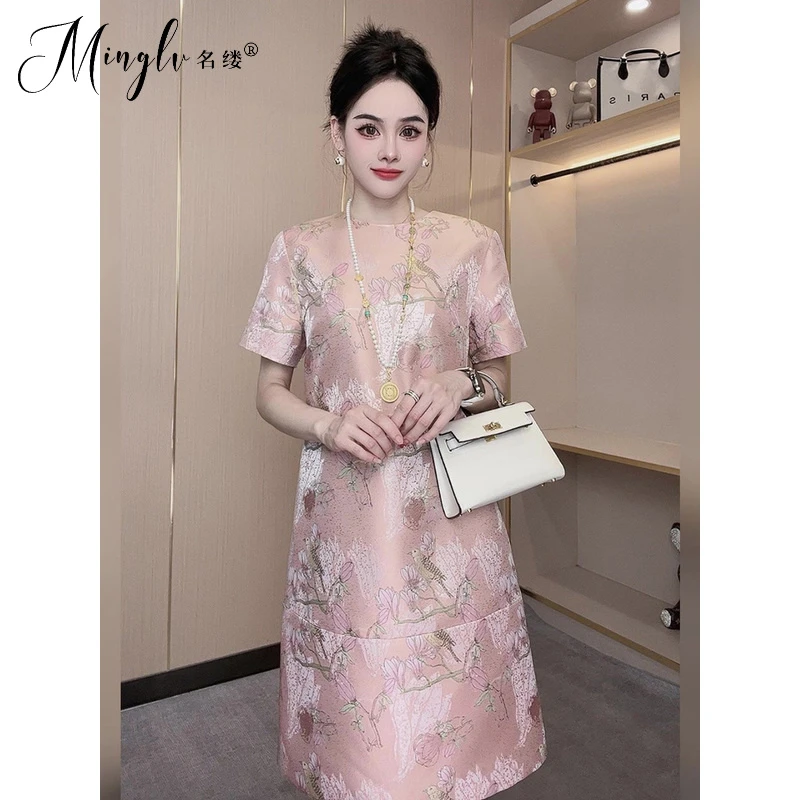 2025夏季新款女装微胖遮肚显瘦a字裙国风提花醋酸缎面短袖连衣裙