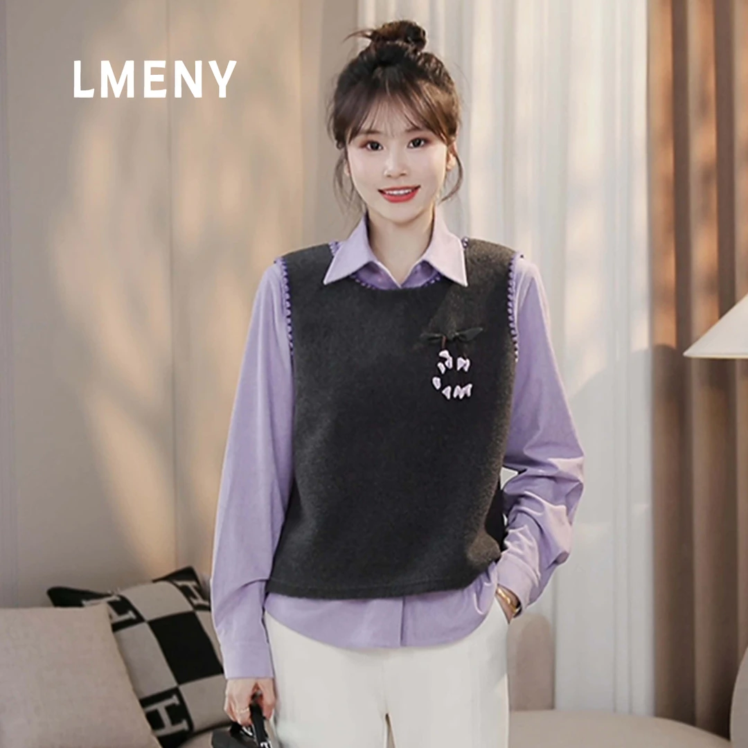 LMENY“勿忘我”超省心！小花胸针加绒刺绣马甲衬衫两件套25DC028