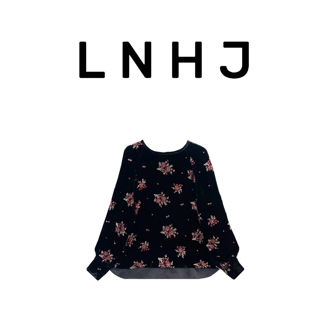 LNHJ【扶虞】气质重工钉珠绣花真丝丝绒长袖上衣