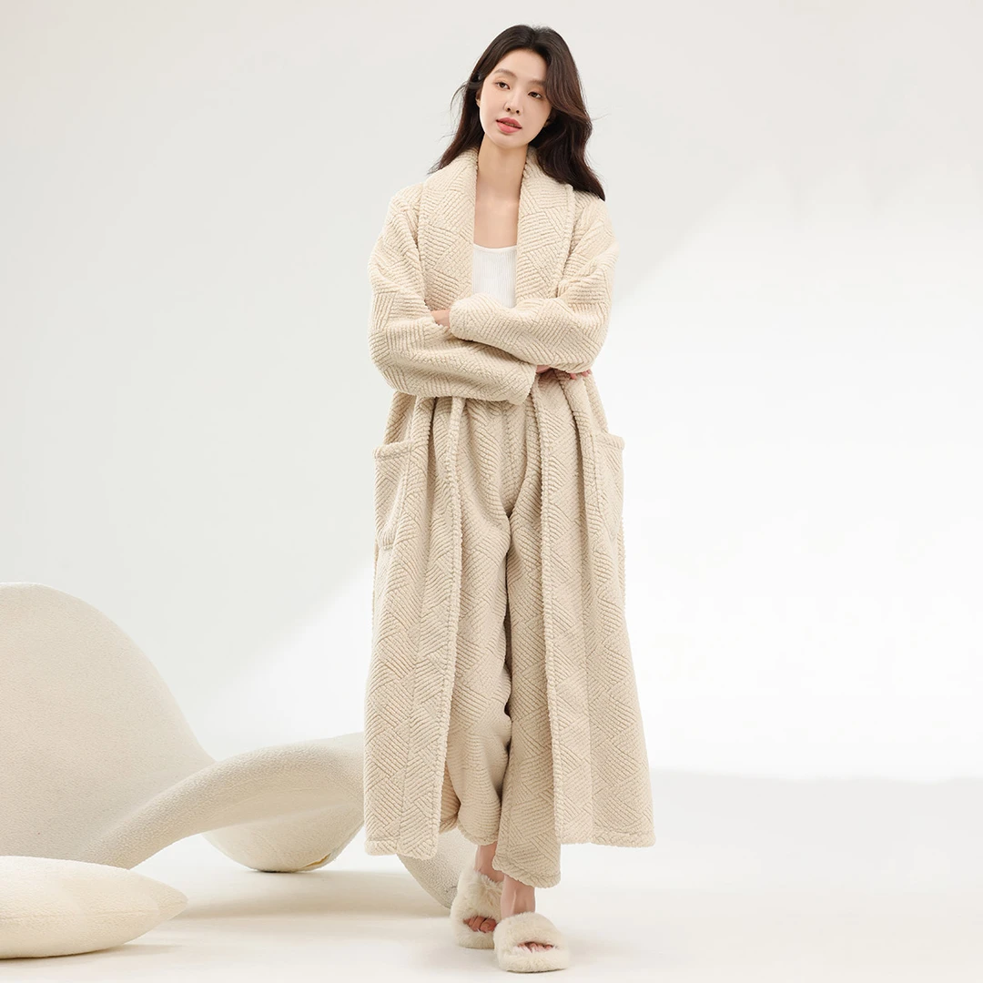 睡袍女士睡衣秋冬季冬款半边绒加厚加绒珊瑚绒浴袍男士家居服长款