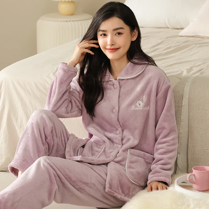 XINYIBU/新一步睡衣女法兰绒秋冬加厚珊瑚绒家居服套装大码