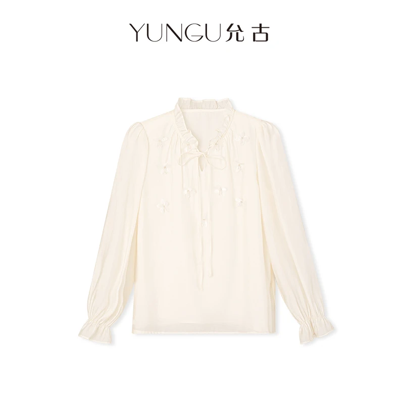 YUNGU允古 法式手缝花朵天丝蝴蝶系带衬衫25秋精致花边领内搭上衣