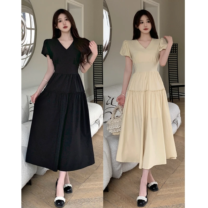 大码胖mm夏季新款女装时尚法式V领宽松纯色中长款连衣裙女