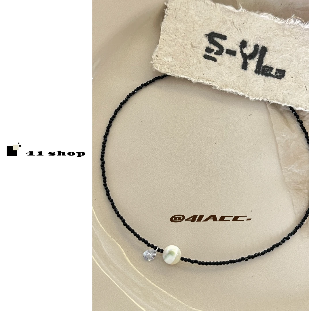 铜合金合成锆石项链 B-1  黑色锆石链条晕染白色珠珠滴釉项链