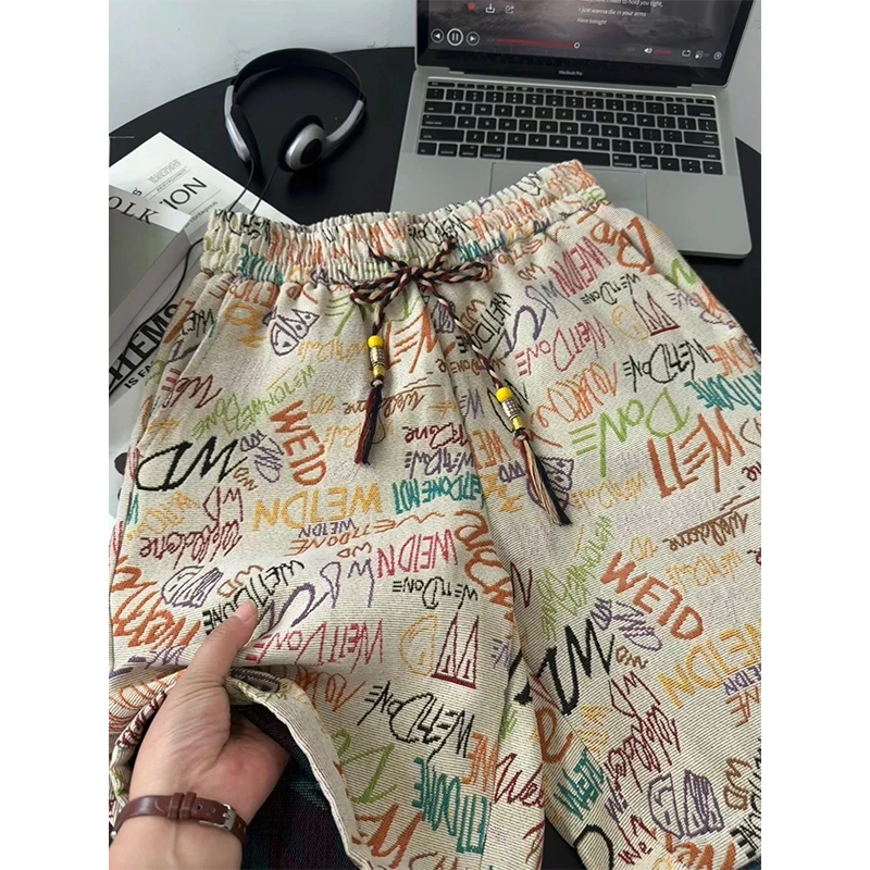 夏威夷度假风涂鸦短裤男2025夏季新款国潮高街五分裤直筒宽松中裤