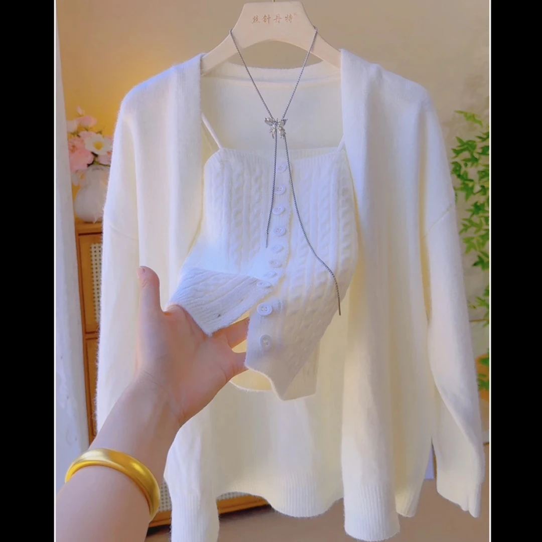 2025秋季新款韩系麻花针织两件套吊带背心V领宽松纯色开衫外套女