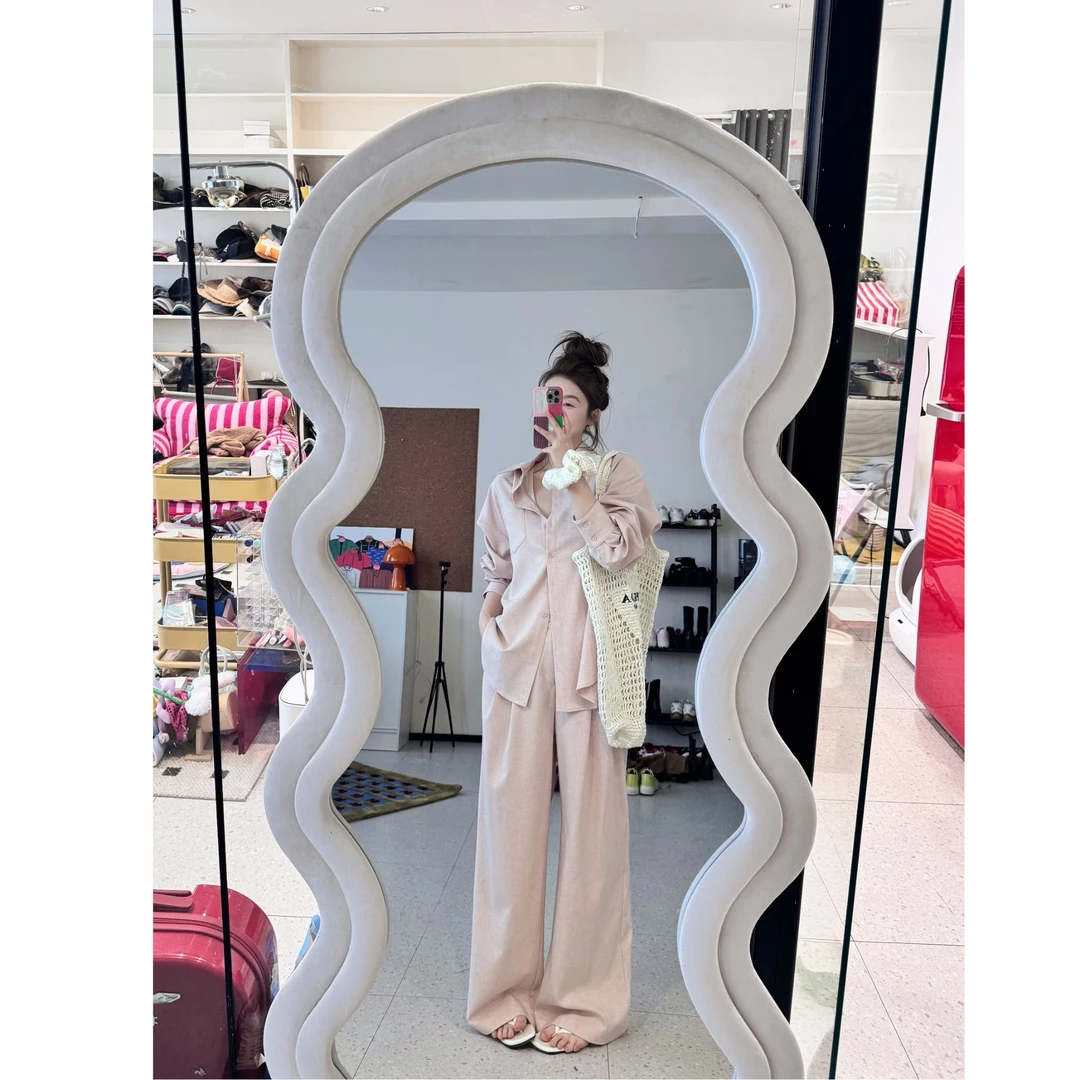 晶咕【时髦出街】雪花感polo领宽松衬衫+高腰阔腿休闲裤