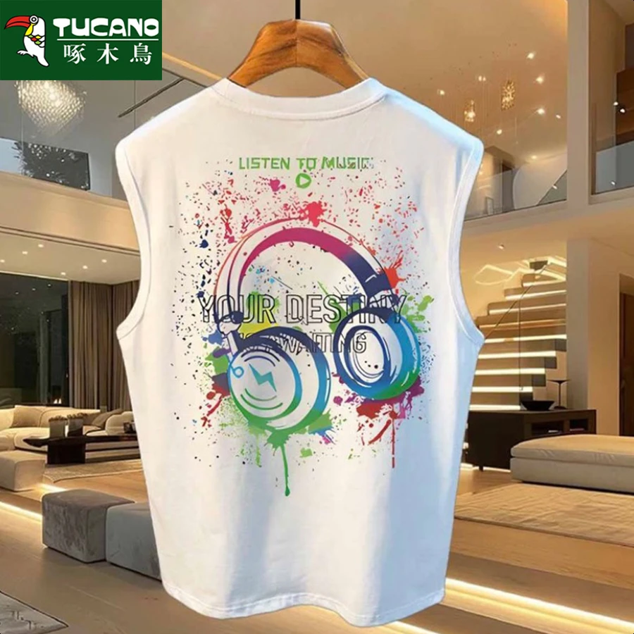 啄木鸟美式渐变高级设计纯棉重磅无袖t恤潮男士无袖圆领情侣装夏