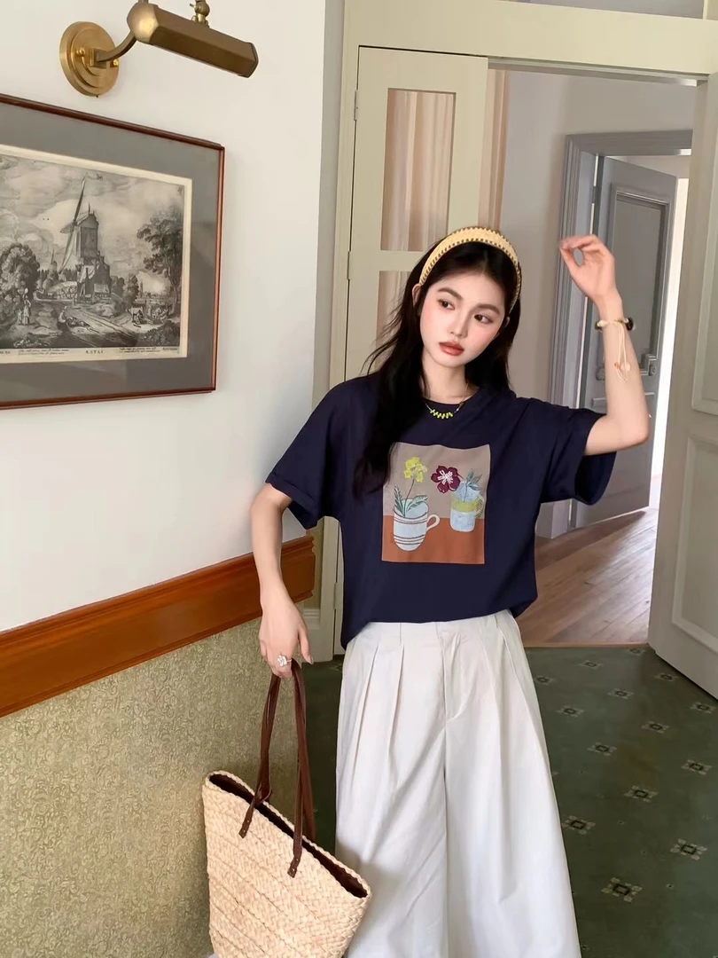 冰糖露露子2025夏季新款洋气可爱文艺百搭花朵钉珠宽松短袖T恤女