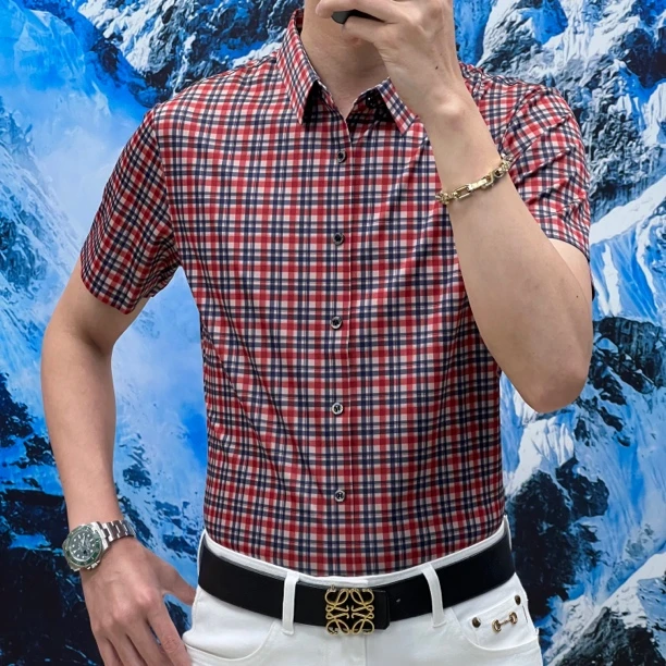 时尚轻奢商务休闲格子衬衫透气高档男士短袖衬衣