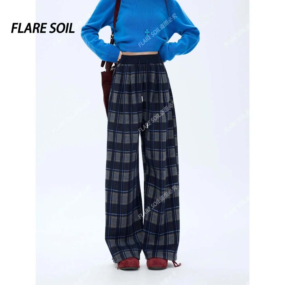【FLARE SOIL】韩系格子裤秋冬阔腿裤休闲裤松紧腰格纹裤 T40456B