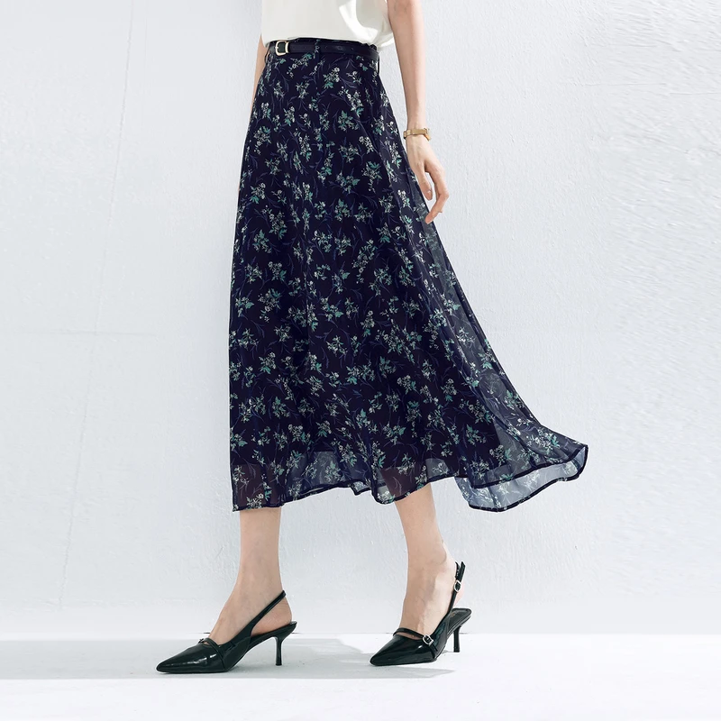 伊芙丽春日百搭显瘦轻薄百搭黑色碎花半身裙女25春欧若风长裙