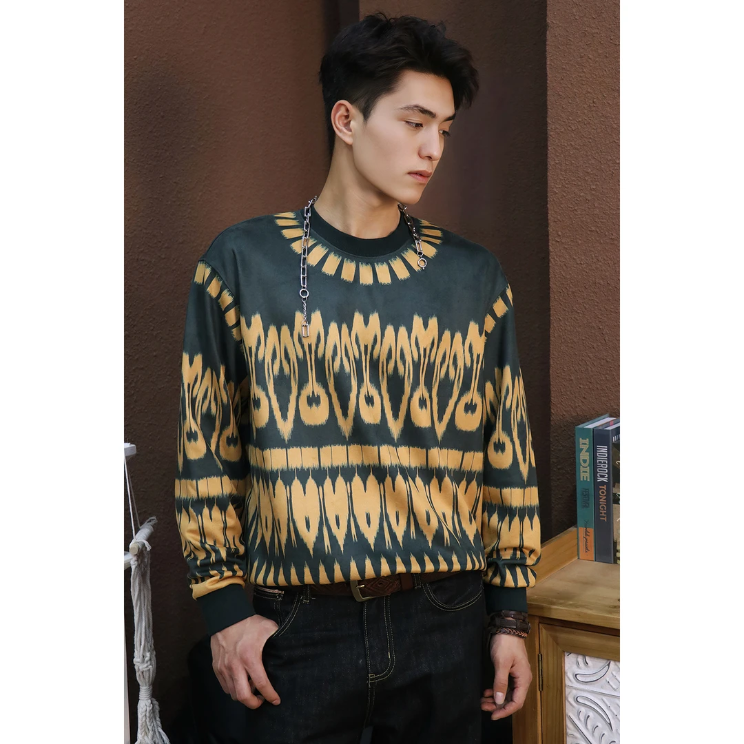 BH-BLACK仿麂皮绒复古艾德莱斯花纹印花男女同款卫衣民族风潮牌