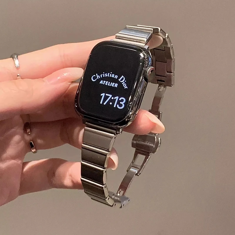 适用iWatchs9表带10代女款金属Applewatch 8不锈钢株小蛮腰