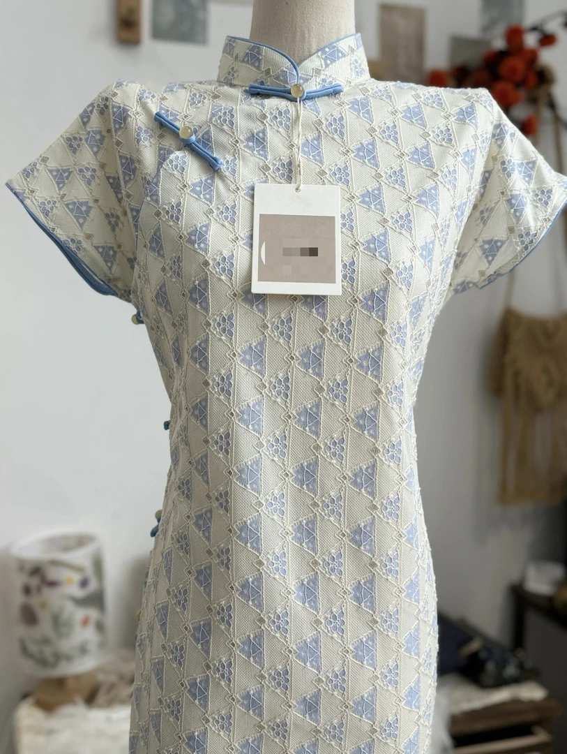 520 年轻款古法浅蓝全开襟|蓝Buff|旗袍