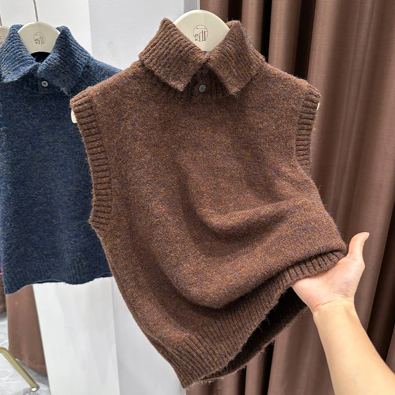 复古咖色时尚无袖保暖针织罩衫2025秋冬柔软亲肤翻领设计感套头衫