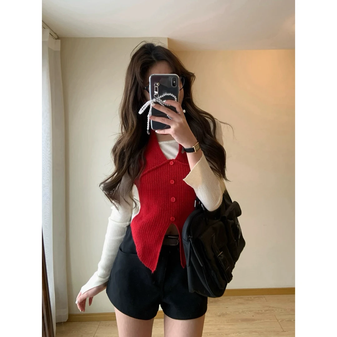 韩系假两件纯欲针织打底衫女秋冬休闲下开叉设计感挂脖长袖毛衣