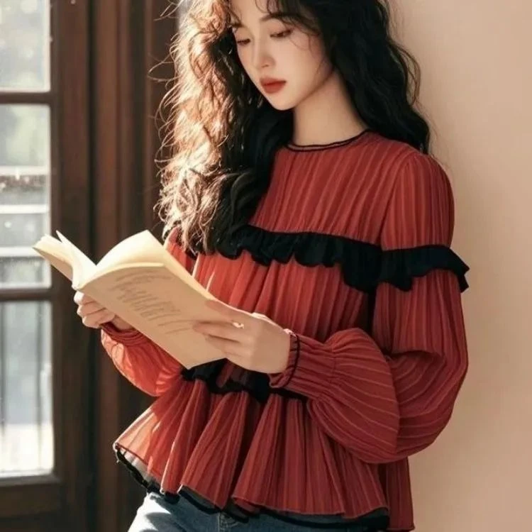 2025新款上衣洋气拼接衬衫好看法式甜美轻熟红色木耳边小衫