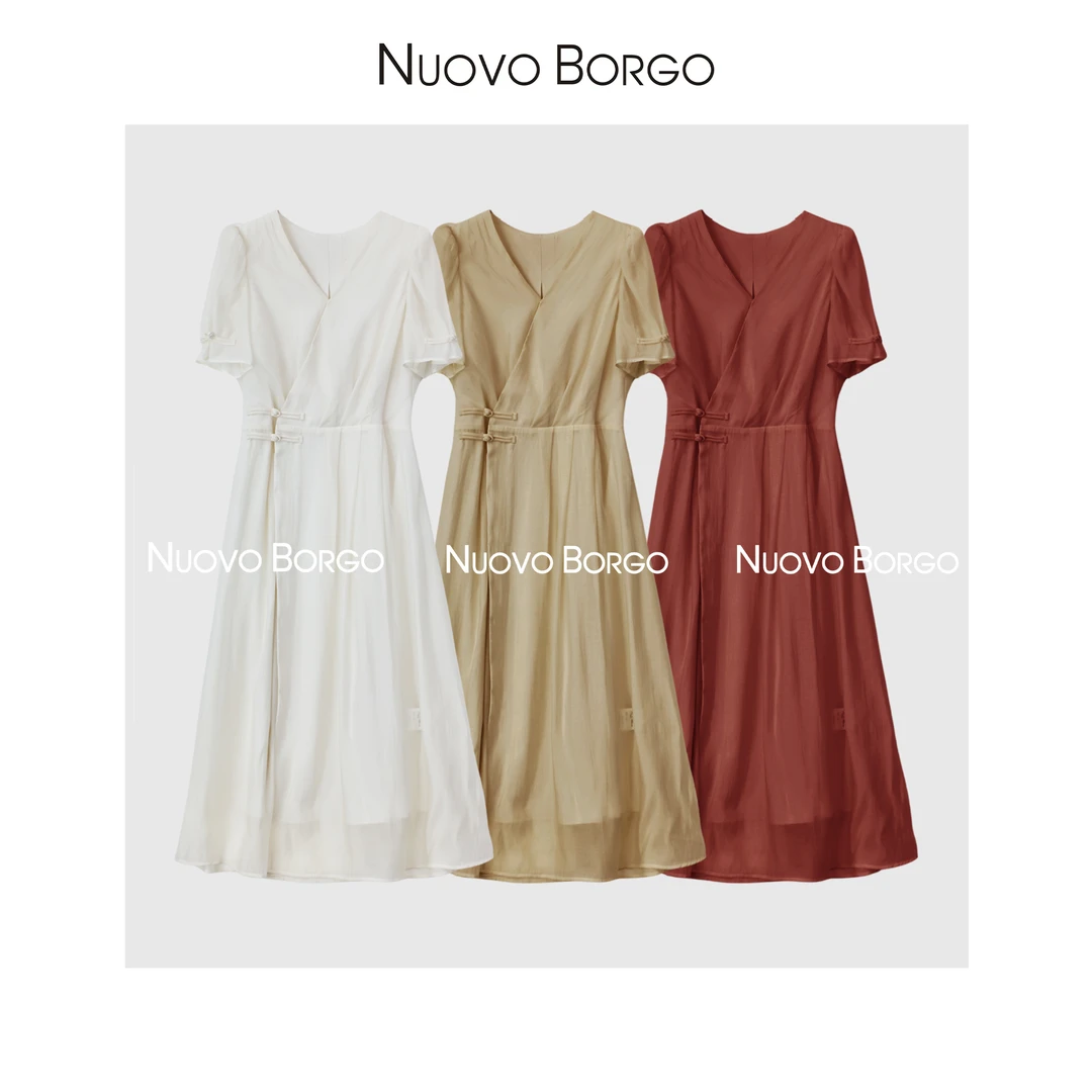 NuovoBorgo V领盘扣短袖连衣裙新中式收腰显瘦春夏长裙G172/80030