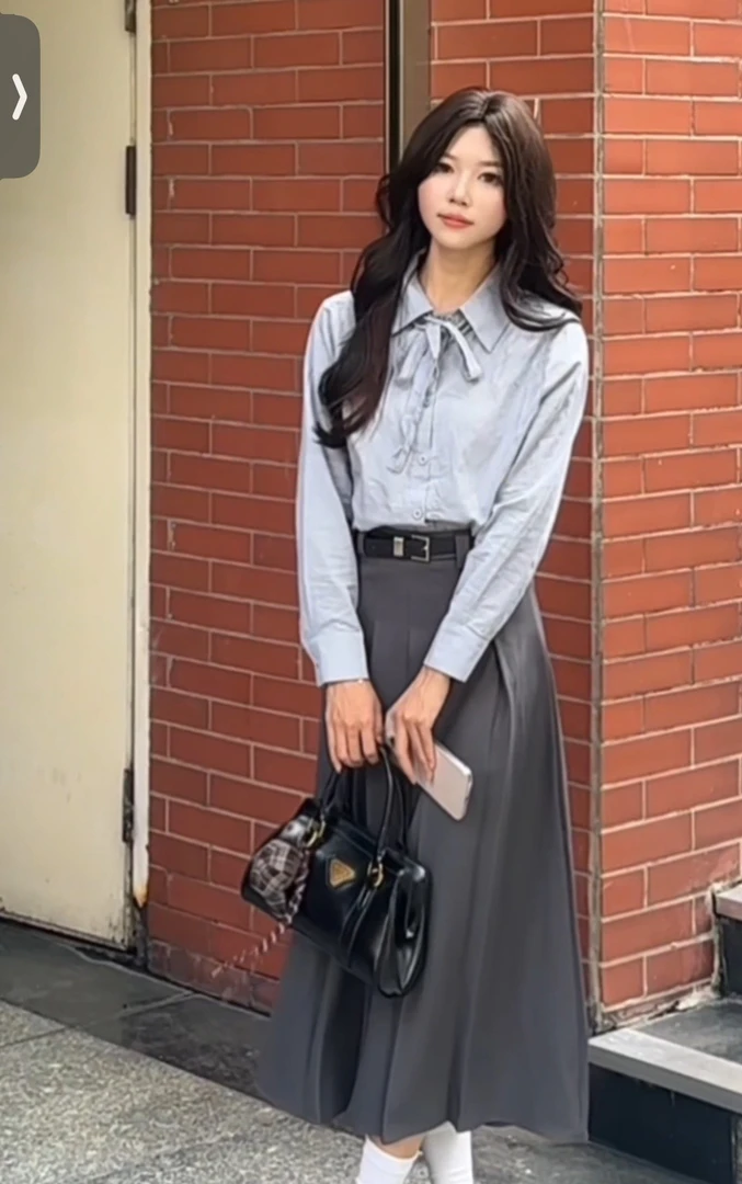 长袖衬衫西装连衣裙子女冷淡系独气质早秋韩系穿搭套装