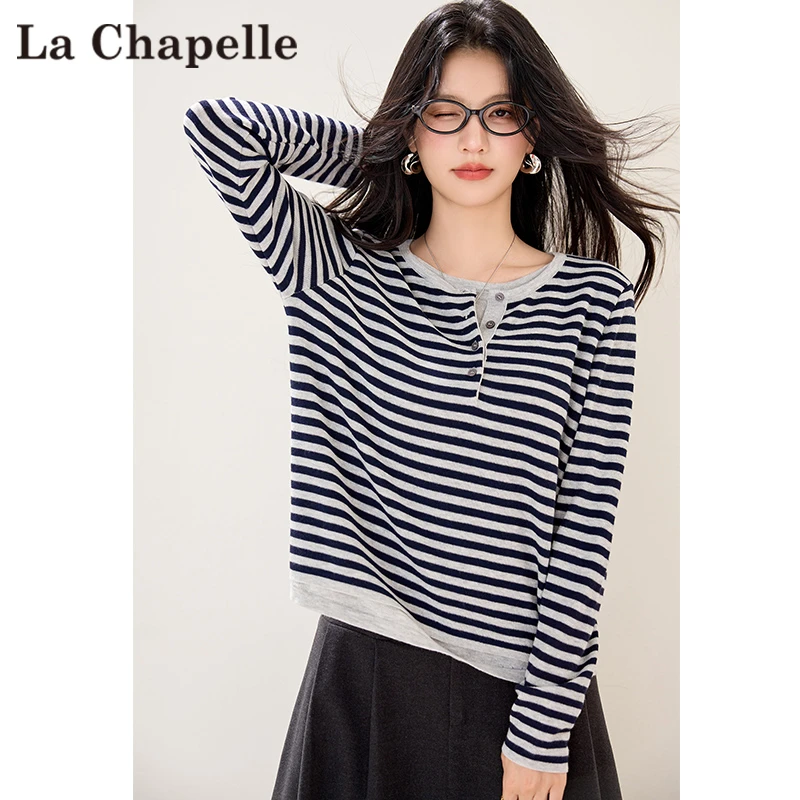 拉夏贝尔假两件条纹针织衫女秋冬季2025新款套头长袖圆领开衫毛衣