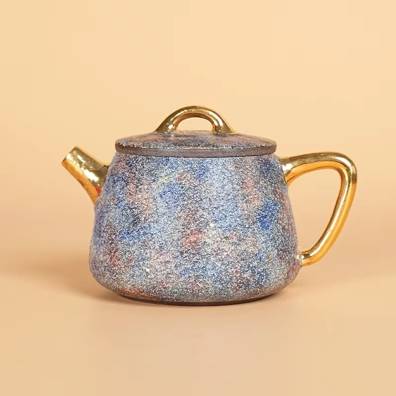 【闪购商品】岩矿高瓢蓝金紫砂茶壶D500