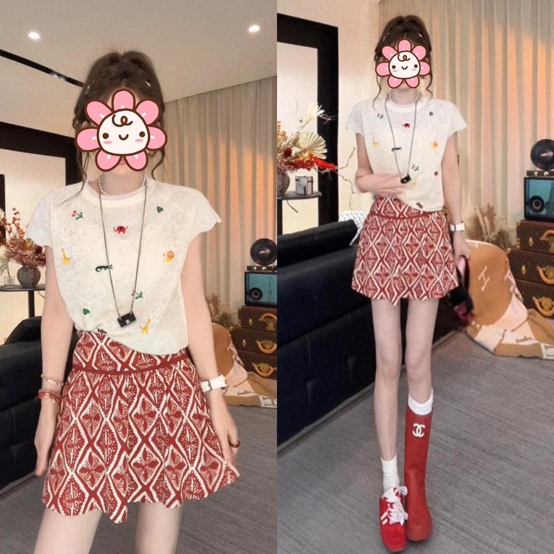 财阀千金女装气质套装女2025夏季新款刺绣针织上衣高腰印花半身裙