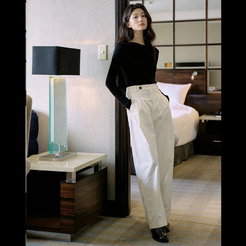 秋日绅士感”巴黎扣长裤女秋季高腰直筒高级感阔腿裤