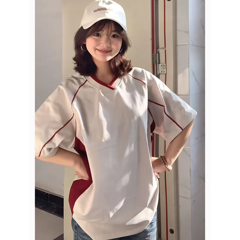 jtrt美式复古高街V领宽松短袖t恤男女夏季纯棉慵懒风小众半袖上衣