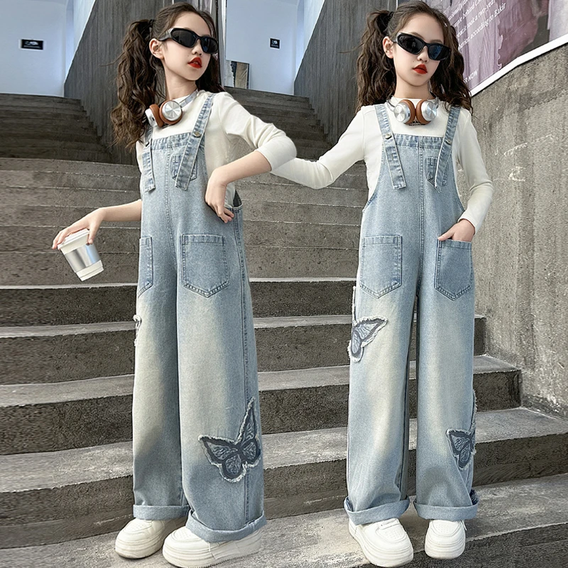 背带裤女童牛仔裤春秋季薄款女大童裤子洋气时髦6-12岁潮款小个子