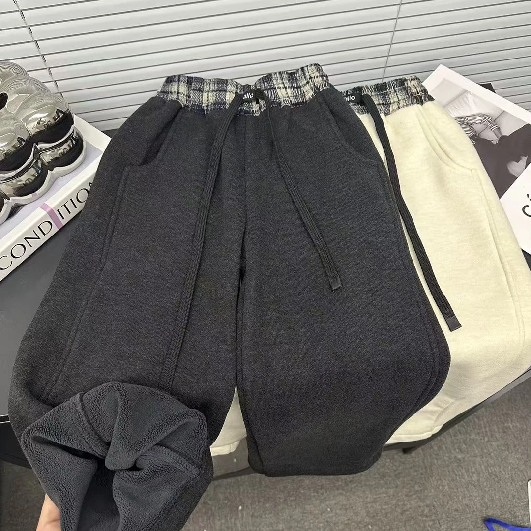 儿童加绒拼接休闲裤2025冬季新款男女童百搭时尚加厚拼色软糯长裤
