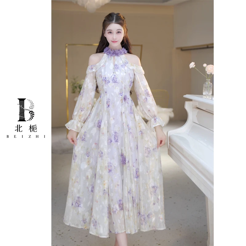 【北栀】【薰衣草】立体花朵挂脖漏肩连衣裙收腰显瘦 814026