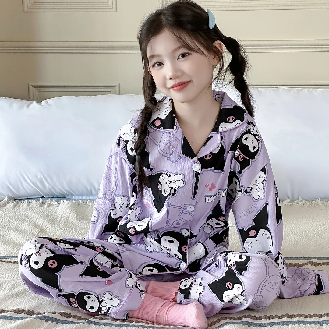 女童睡衣儿童春秋云朵棉长袖开衫套装中大童女孩卡通库洛米家居服