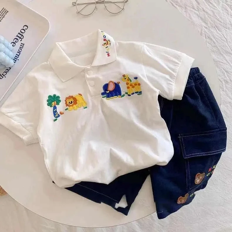 儿童polo衫夏季韩版男女童卡通刺绣休闲上衣中小童帅气翻领短袖潮