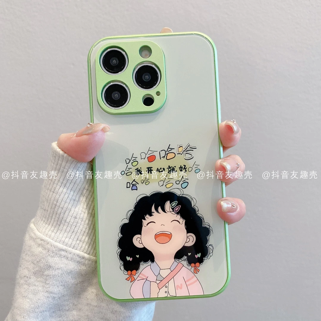 适用于苹果16手机壳新款华为vivo小米oppo金属玻璃开心女孩创意潮