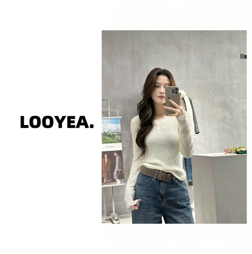 【暮雨】LOOYEA 韩版穿搭蕾丝长袖内搭打底针织衫显瘦上衣 10443